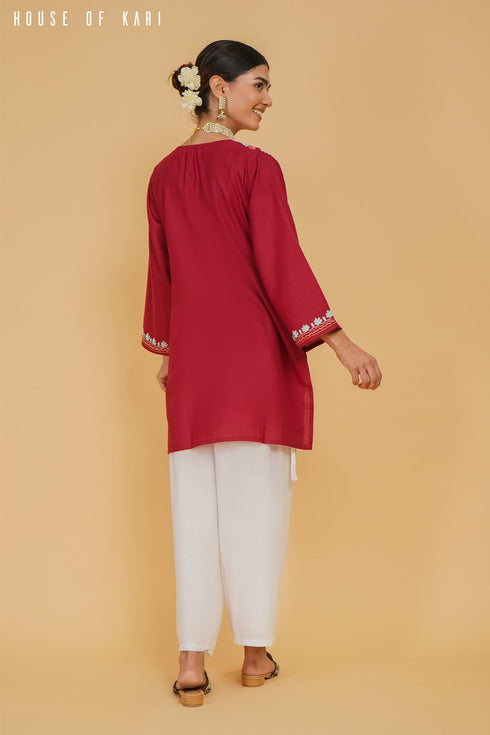 Aditi in Kashmiri Aari Work Cotton Short Kurta – Maroon